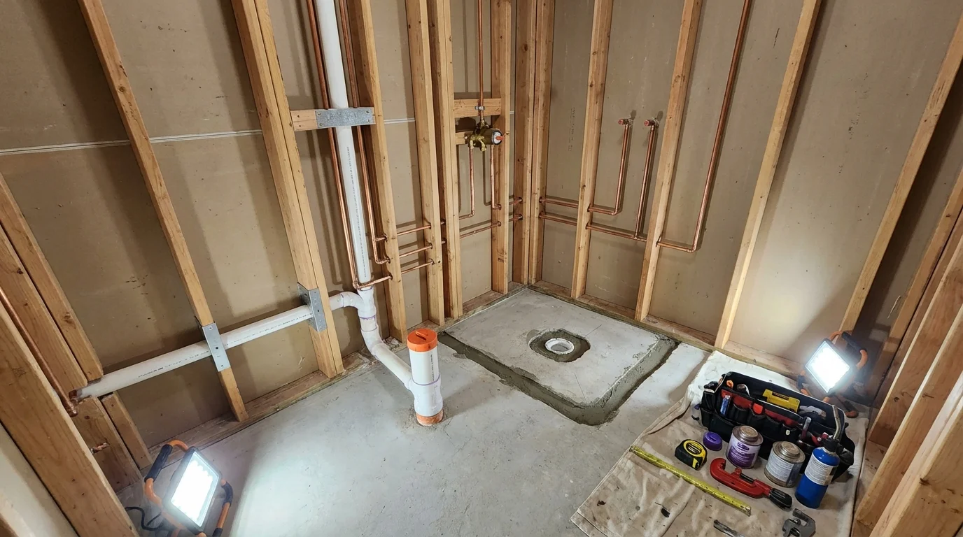 Bathroom rough-in plumbing during remodel by Johns Plumbing LLC in Meeker