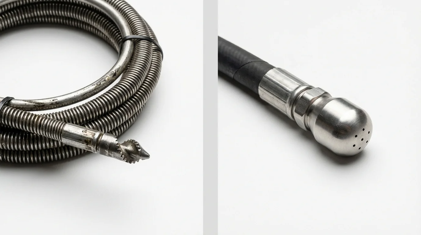 Drain snake cable and hydro jetting nozzle used for drain cleaning in Meeker, OK