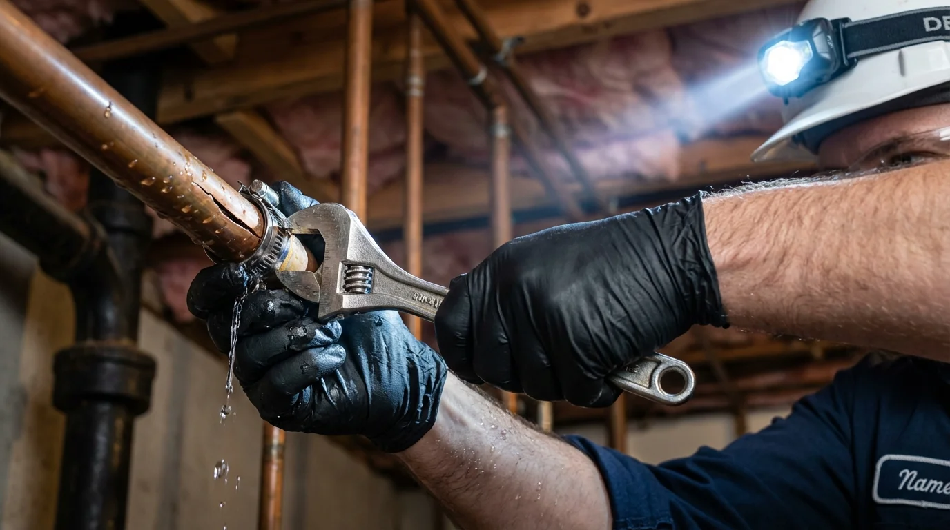 Emergency pipe clamp repair being performed by a Johns Plumbing LLC plumber in Meeker