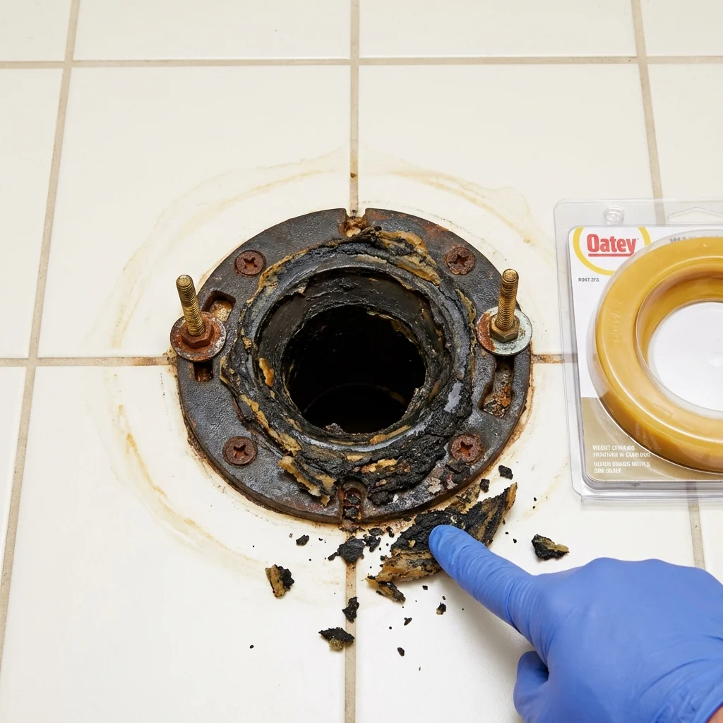 Failed wax ring showing water seepage at the base of a toilet in a Meeker, OK home